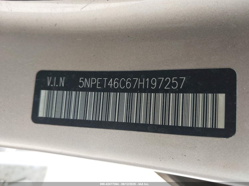 2007 HYUNDAI SONATA VIN: 5NPET46C67H197257
