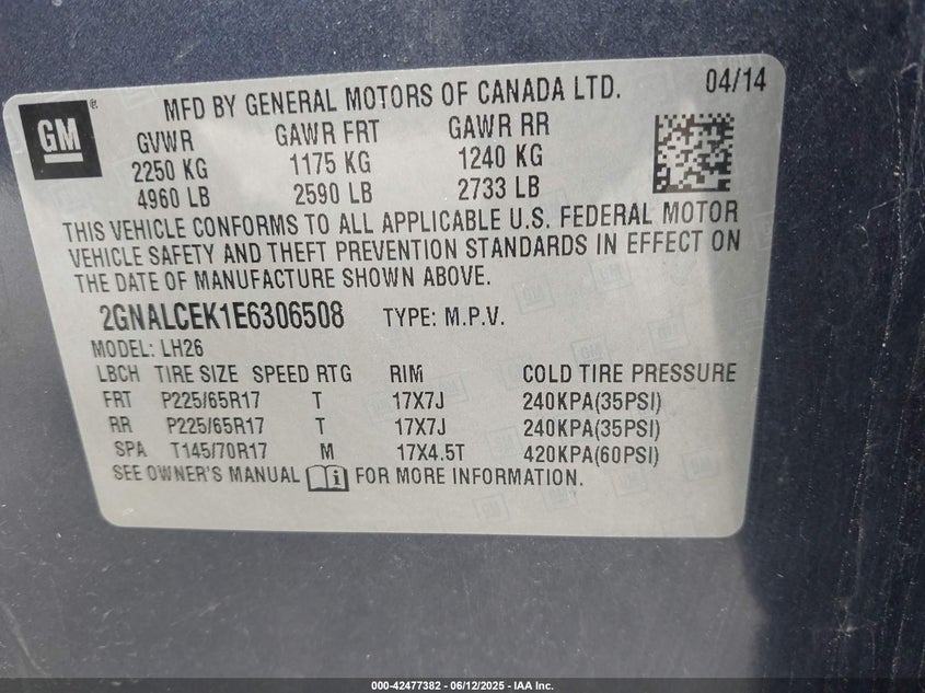 2014 CHEVROLET EQUINOX VIN: 2GNALCEK1E6306508