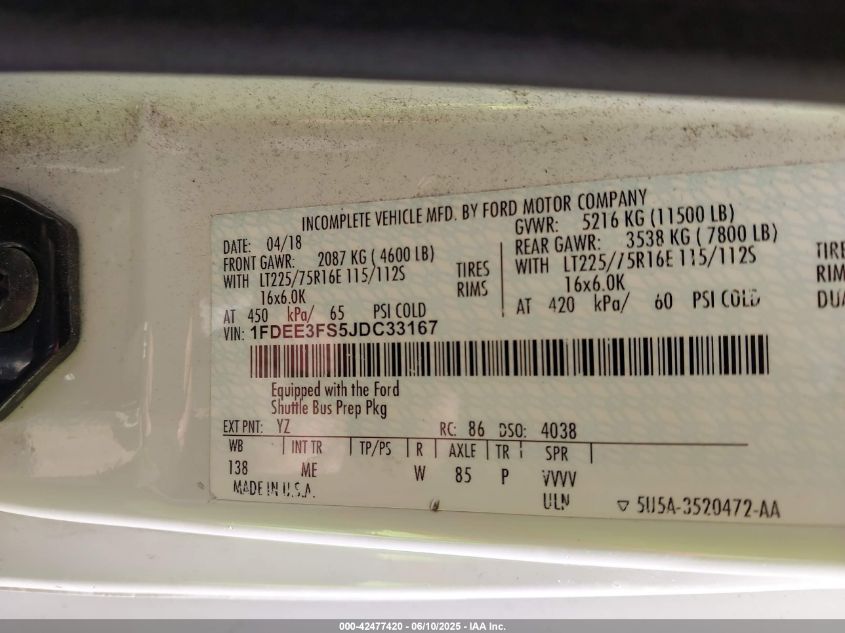 2018 Ford E-350 Cutaway VIN: 1FDEE3FS5JDC33167 Lot: 42477420