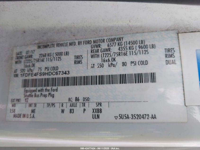 2017 Ford E-450 Cutaway VIN: 1FDFE4FS9HDC67343 Lot: 42477424