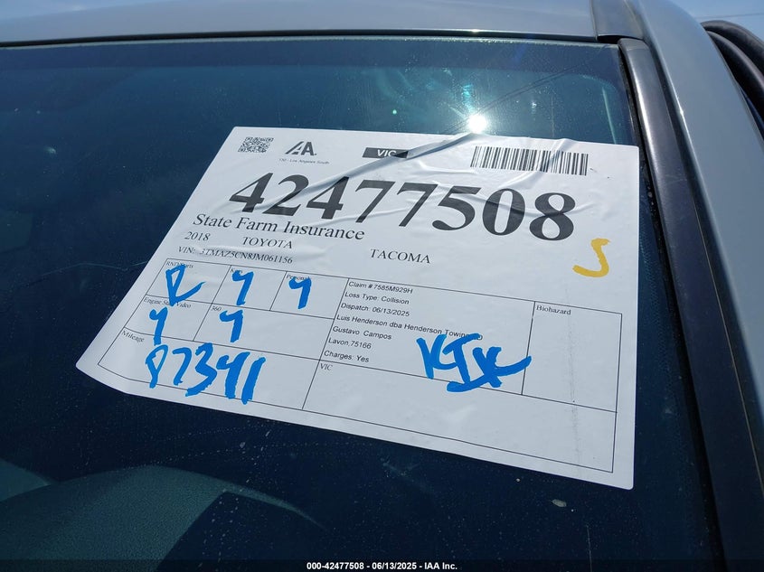 2018 TOYOTA TACOMA VIN: 3TMAZ5CN8JM061156