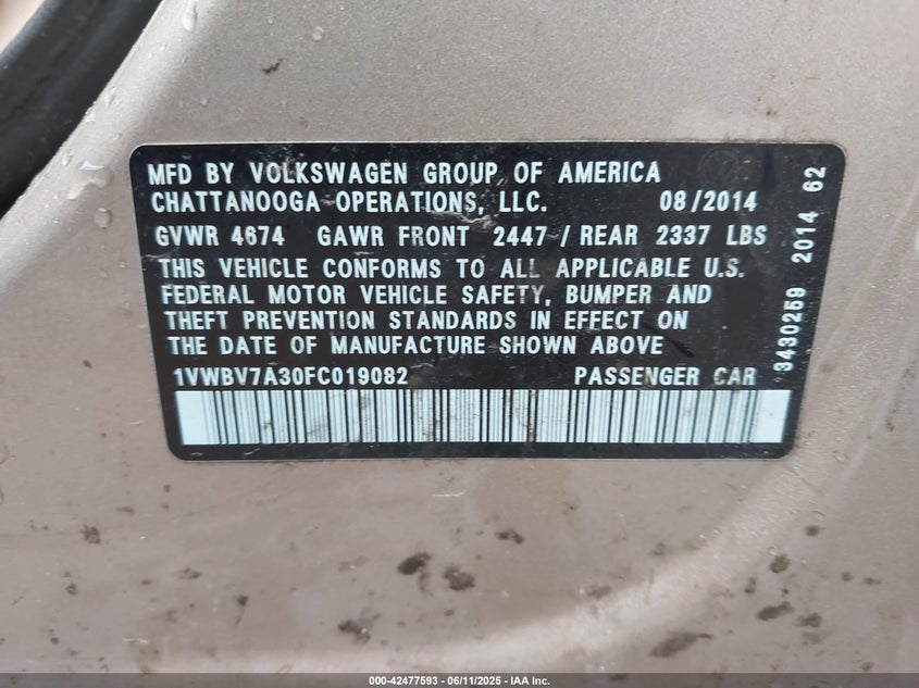 2015 VOLKSWAGEN PASSAT VIN: 1VWBV7A30FC019082