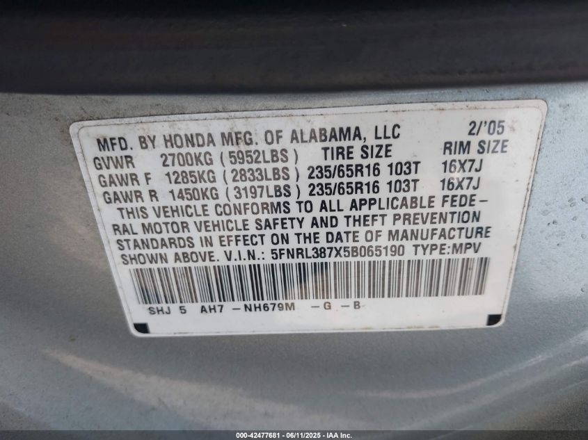 2005 Honda Odyssey Ex-L VIN: 5FNRL387X5B065190 Lot: 42477681