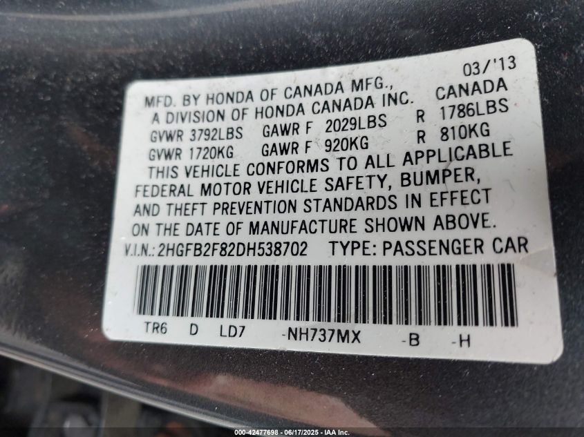 2013 Honda Civic Ex VIN: 2HGFB2F82DH538702 Lot: 42477698