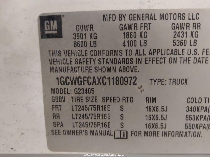 2012 Chevrolet Express 2500 Work Van VIN: 1GCWGFCAXC1180972 Lot: 42477882