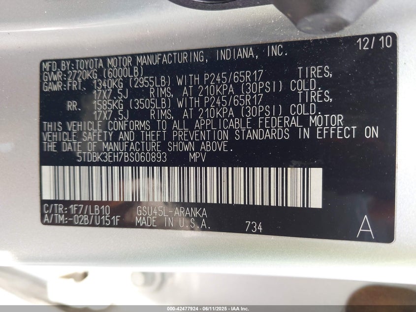 2011 TOYOTA HIGHLANDER VIN: 5TDBK3EH7BS060893