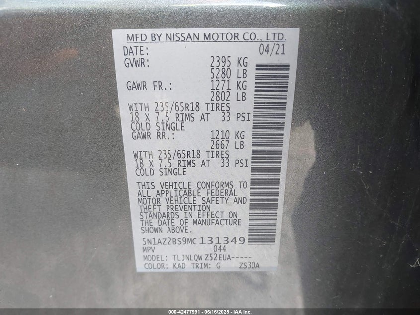 2021 NISSAN MURANO VIN: 5N1AZ2BS9MC131349
