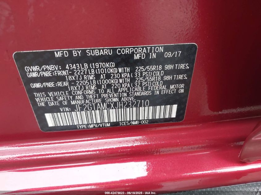 2018 Subaru Crosstrek 2.0I Limited VIN: JF2GTAMCXJH232710 Lot: 42478023