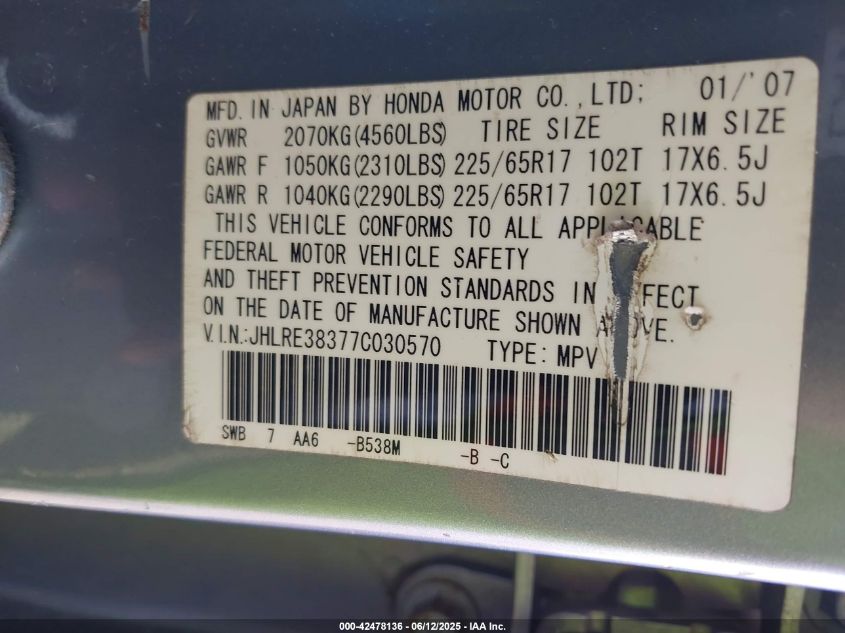 2007 Honda Cr-V Lx VIN: JHLRE38377C030570 Lot: 42478136
