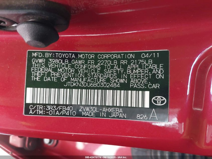 2011 Toyota Prius Three VIN: JTDKN3DU6B0302484 Lot: 42478174