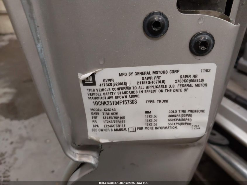 2004 Chevrolet Silverado 2500Hd Lt VIN: 1GCHK23104F157303 Lot: 42478337