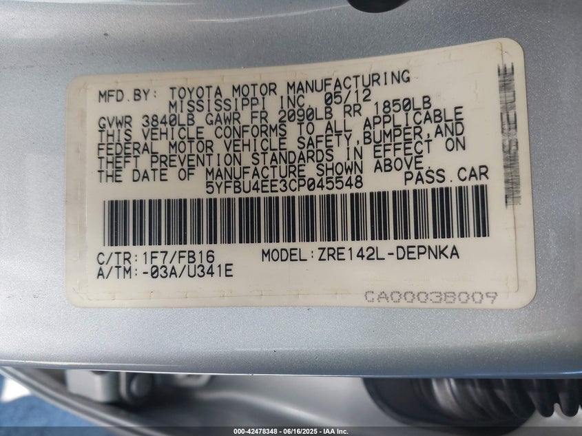 2012 TOYOTA COROLLA VIN: 5YFBU4EE3CP045548