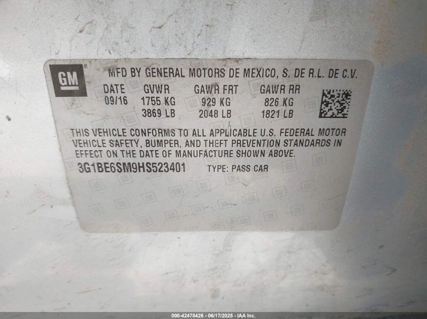 2017 Chevrolet Cruze Lt Auto VIN: 3G1BE6SM9HS523401 Lot: 42478426