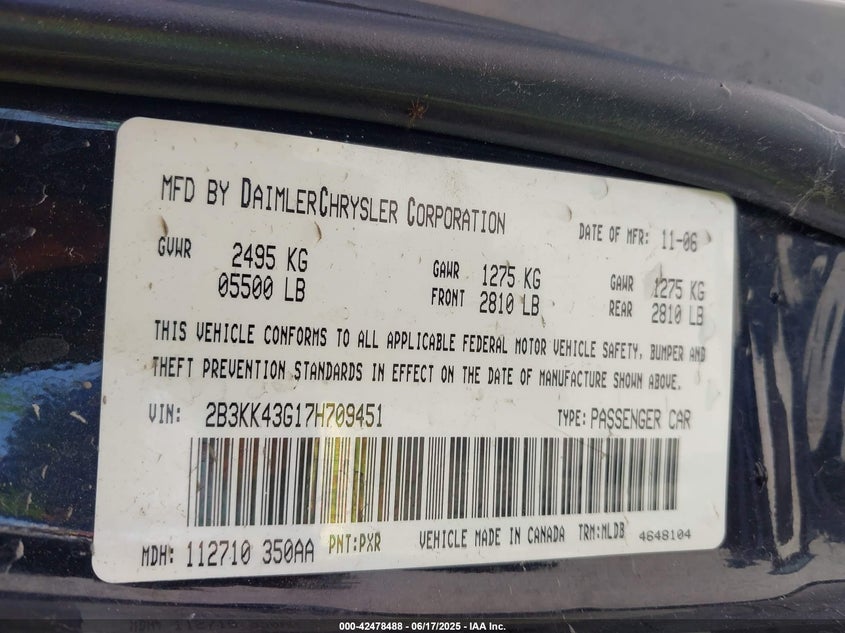 2007 Dodge Charger VIN: 2B3KK43G17H709451 Lot: 42478488