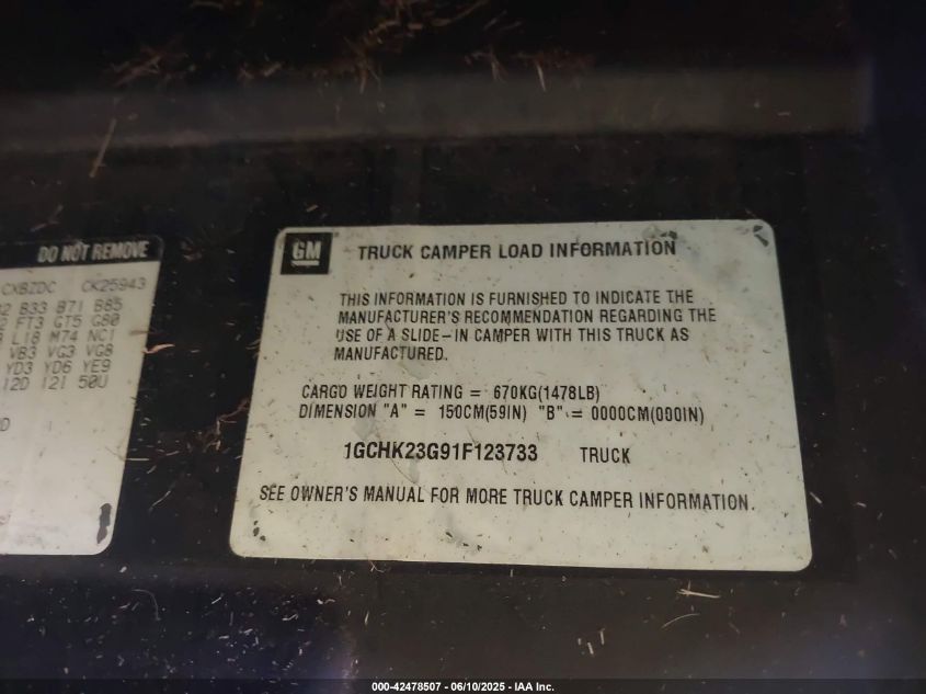 2001 Chevrolet Silverado 2500Hd Ls VIN: 1GCHK23G91F123733 Lot: 42478507