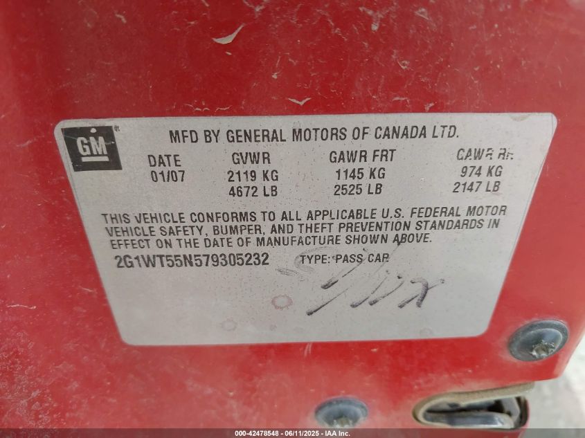 2007 Chevrolet Impala Lt VIN: 2G1WT55N57930523 Lot: 42478548