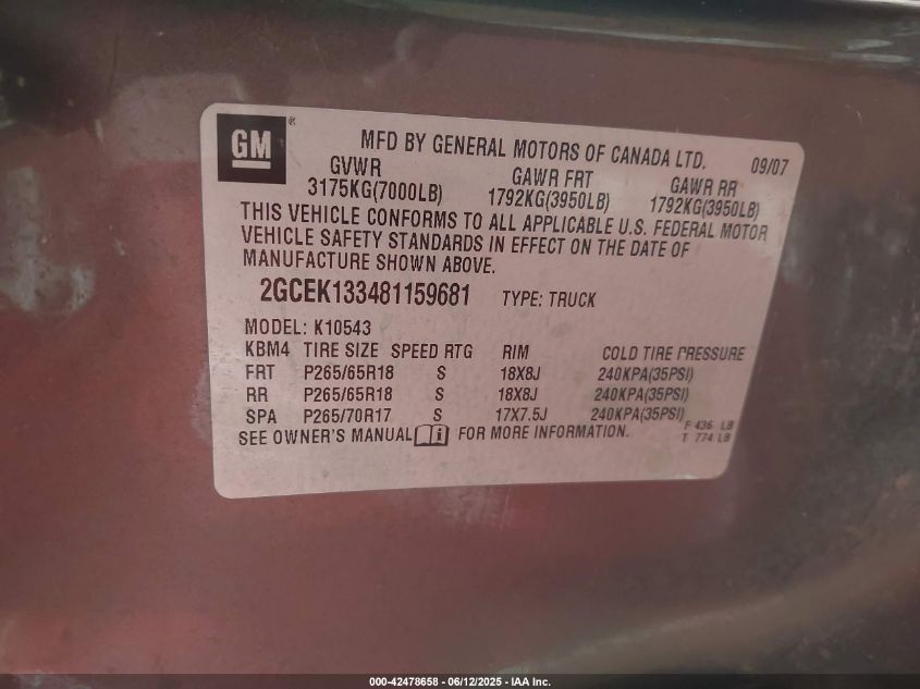 2008 Chevrolet Silverado 1500 Lt2 VIN: 2GCEK133481159681 Lot: 42478658