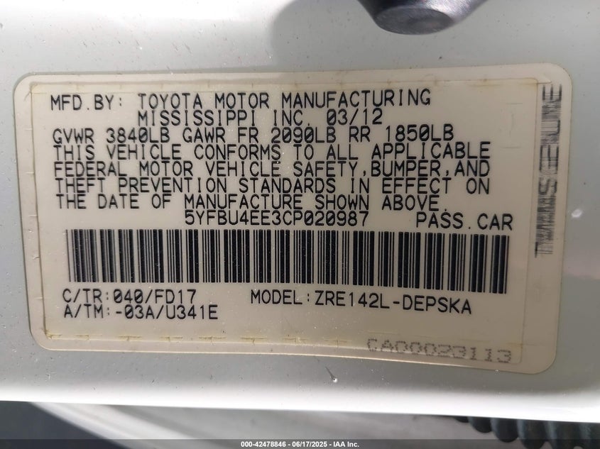 2012 TOYOTA COROLLA VIN: 5YFBU4EE3CP020987