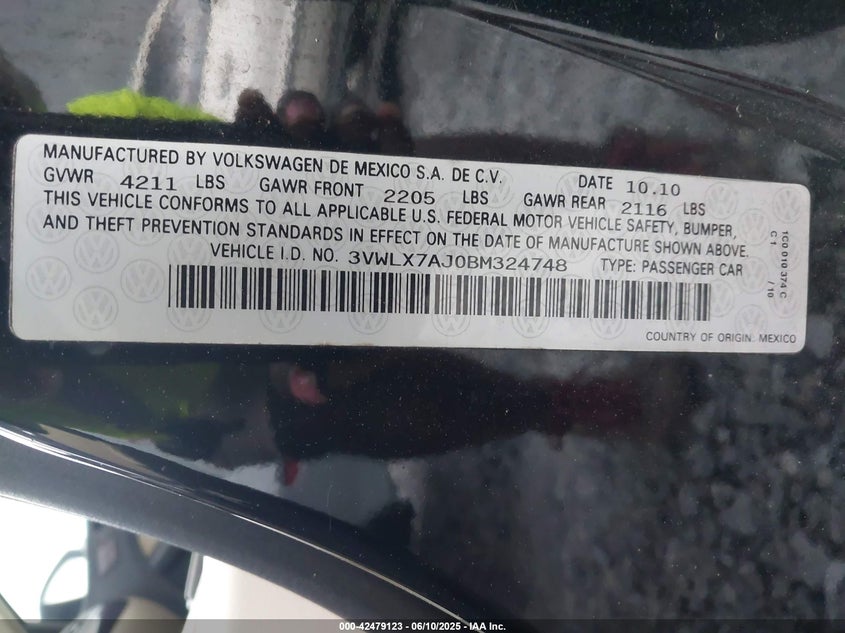 2011 Volkswagen Jetta 2.5L Sel VIN: 3VWLX7AJ0BM324748 Lot: 42479123