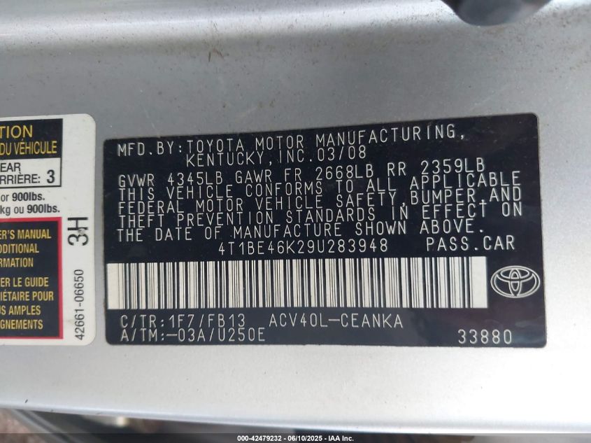 2009 Toyota Camry Le VIN: 4T1BE46K29U283948 Lot: 42479232