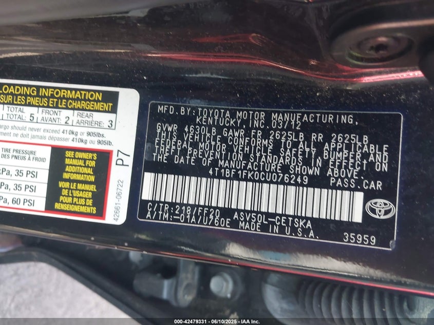 2012 TOYOTA CAMRY VIN: 4T1BF1FK0CU076249