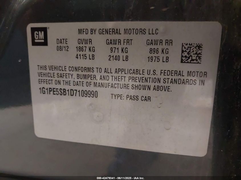 2013 Chevrolet Cruze 2Lt Auto VIN: 1G1PE5SB1D7109990 Lot: 42479341