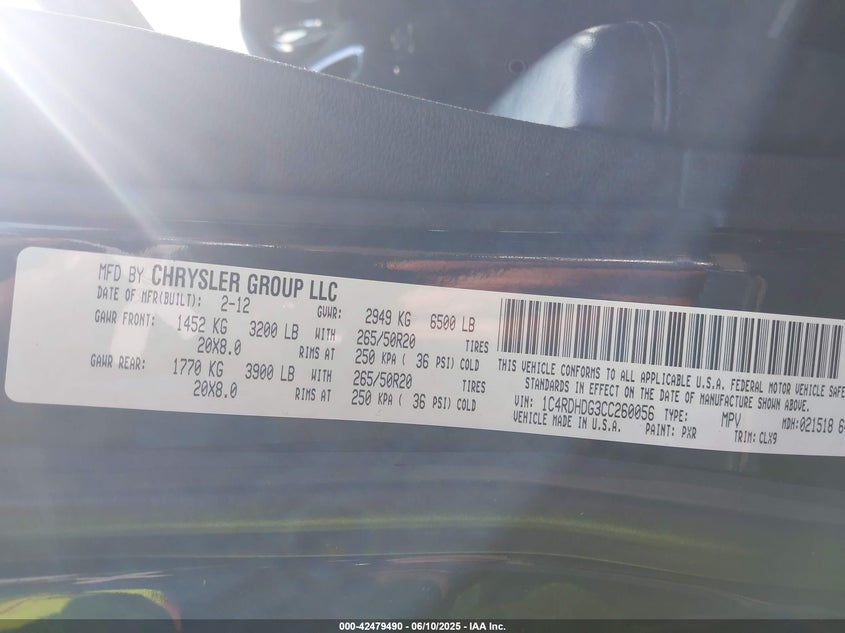 2012 DODGE DURANGO VIN: 1C4RDHDG3CC260056