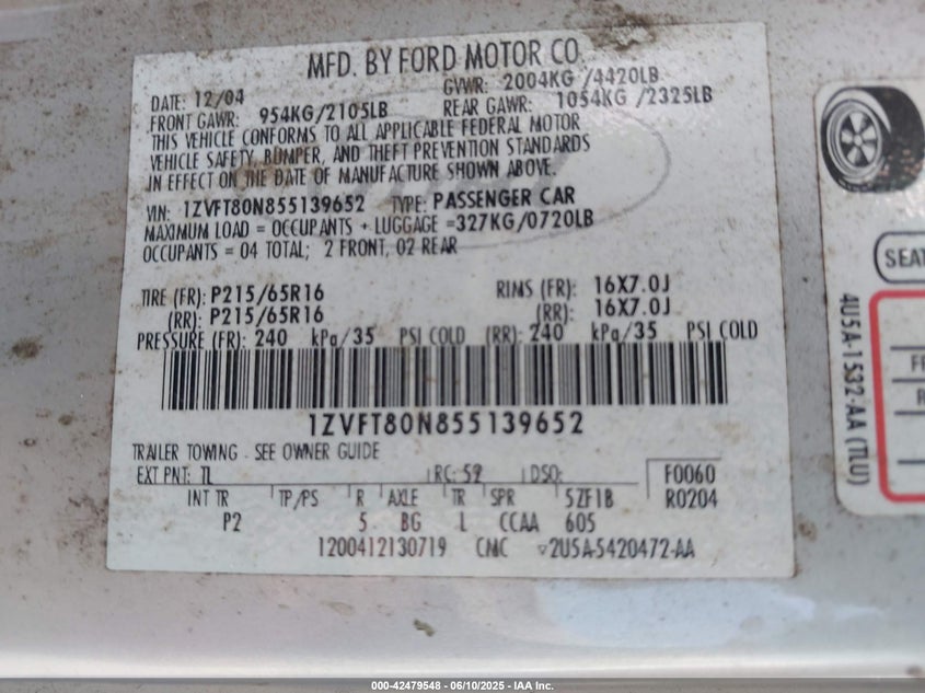 2005 Ford Mustang V6 Deluxe/V6 Premium VIN: 1ZVFT80N855139652 Lot: 42479548