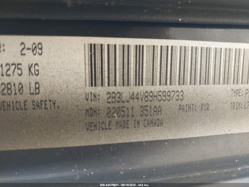 2009 DODGE CHALLENGER VIN: 2B3LJ44V89H599733