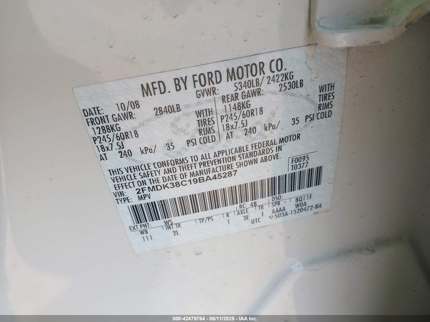 2009 FORD EDGE VIN: 2FMDK38C19BA45287