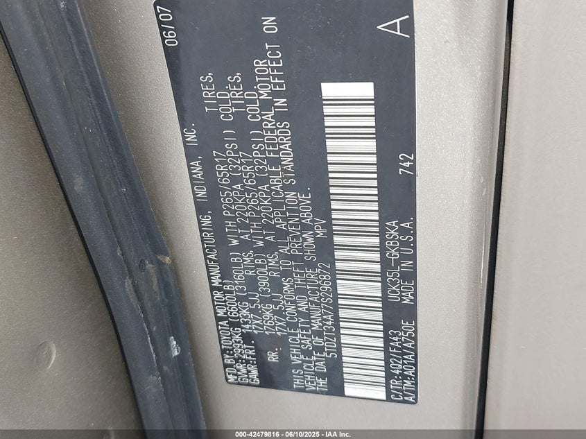 2007 TOYOTA SEQUOIA VIN: 5TDZT34A77S296872