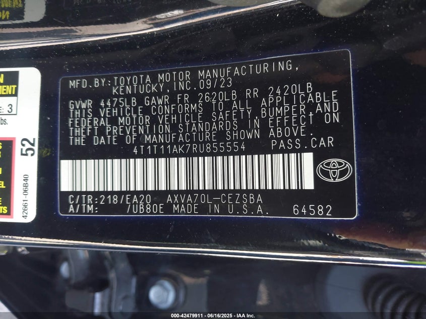2024 TOYOTA CAMRY VIN: 4T1T11AK7RU855554
