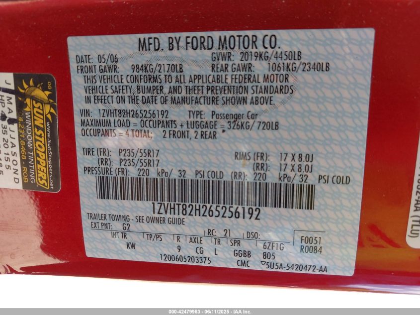 2006 Ford Mustang Gt VIN: 1ZVHT82H265256192 Lot: 42479963