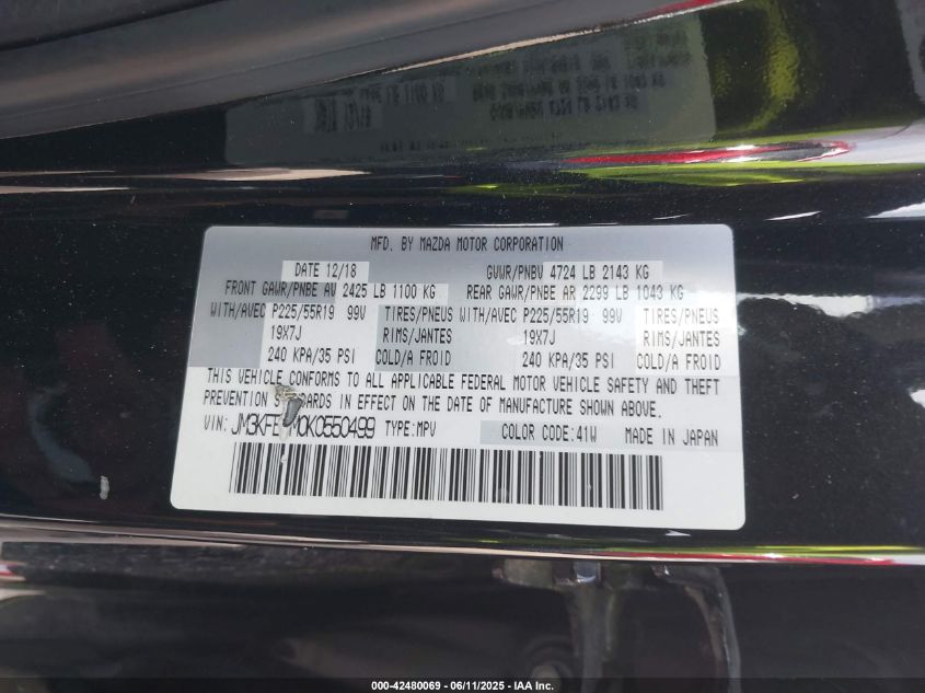 2019 Mazda Cx-5 Grand Touring VIN: JM3KFBDM0K0550499 Lot: 42480069