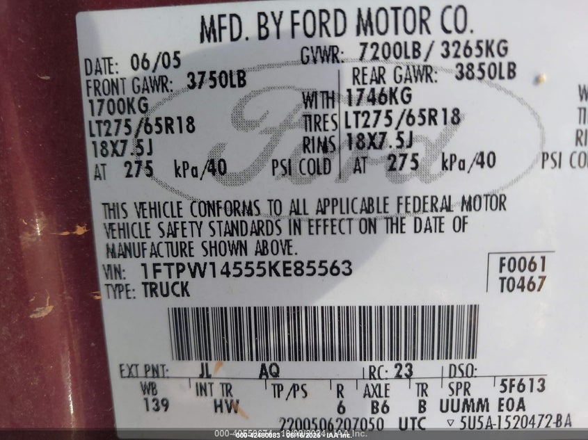 2005 Ford F-150 VIN: 1FTPW14555KE85563 Lot: 42480083