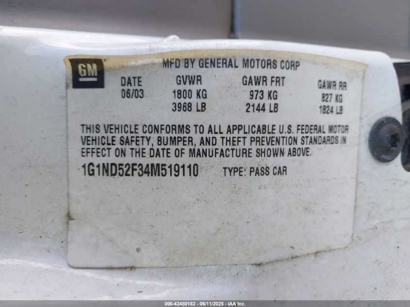 2004 Chevrolet Classic VIN: 1G1ND52F34M519110 Lot: 42480182