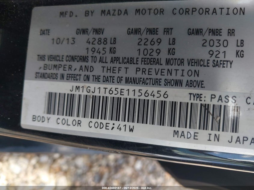 2014 MAZDA MAZDA6 VIN: JM1GJ1T65E1156456