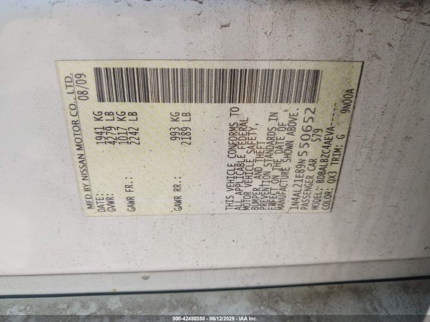 2009 Nissan Altima 2.5 S VIN: 1N4AL21E89N550652 Lot: 42480350