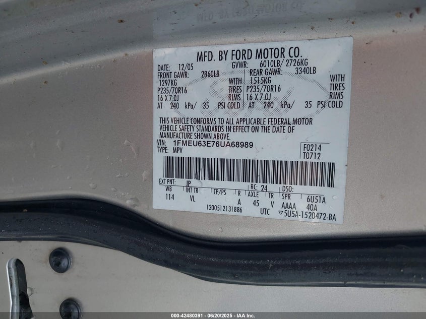 2006 FORD EXPLORER VIN: 1FMEU63E76UA68989