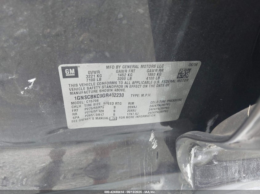 2016 CHEVROLET TAHOE LT 1GNSCBKC9GR402230