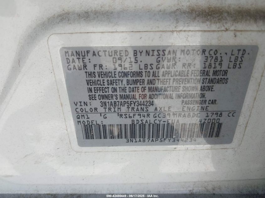 2015 Nissan Sentra S VIN: 3N1AB7AP5FY344234 Lot: 42480449