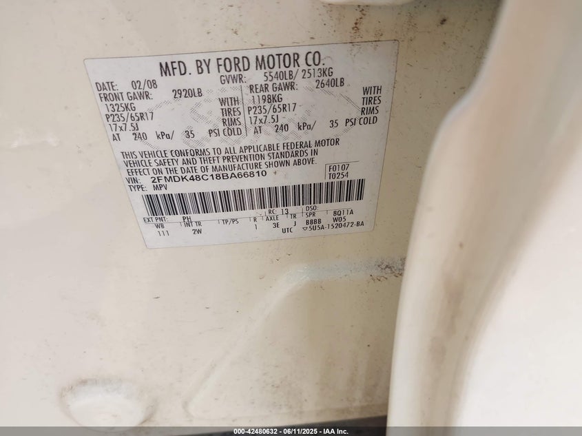 2008 Ford Edge Sel VIN: 2FMDK48C18BA66810 Lot: 42480632