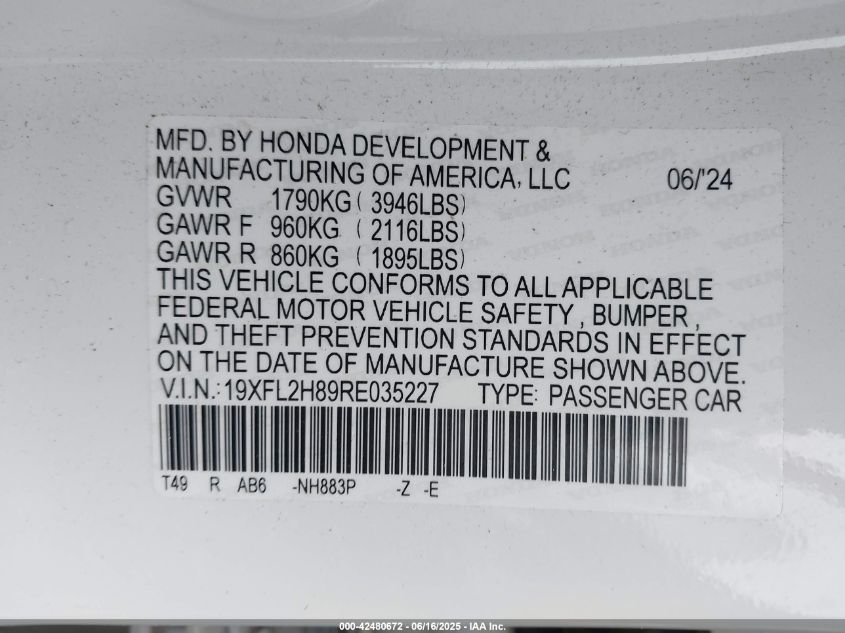 2024 Honda Civic Sport VIN: 19XFL2H89RE035227 Lot: 42480672