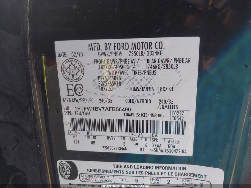 2010 FORD F-150 VIN: 1FTFW1EV7AFB56490