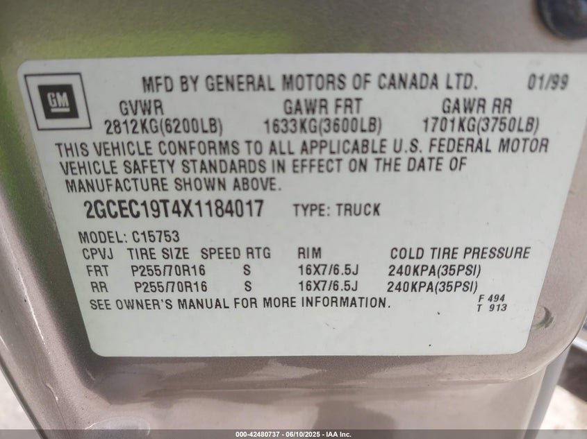 1999 Chevrolet Silverado 1500 Ls VIN: 2GCEC19T3X1164017 Lot: 42480737