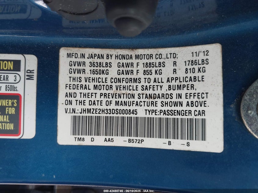 2013 HONDA INSIGHT - JHMZE2H33DS000845