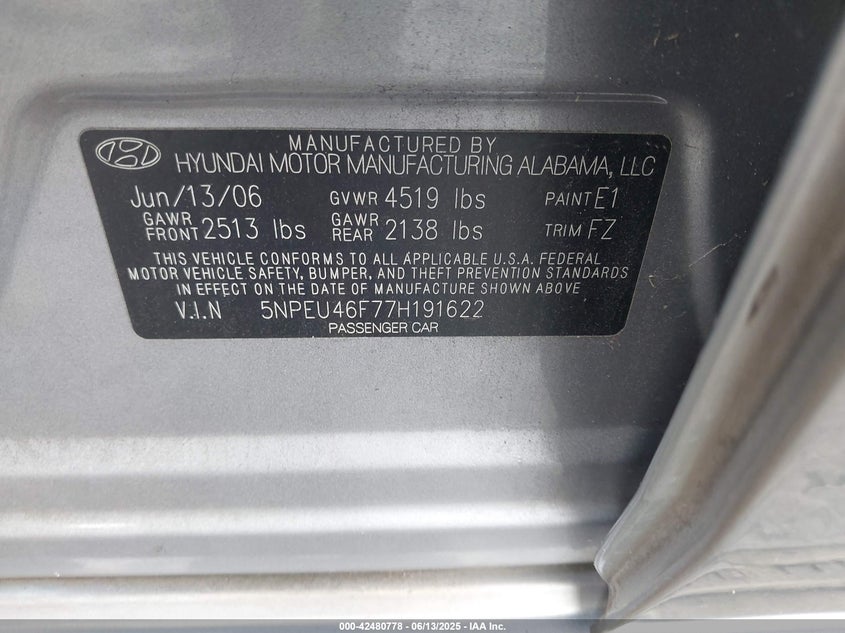 2007 HYUNDAI SONATA VIN: 5NPEU46F77H191622
