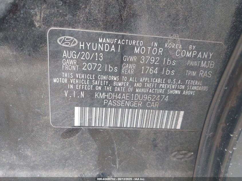 2013 HYUNDAI ELANTRA LIMITED - KMHDH4AE1DU962474