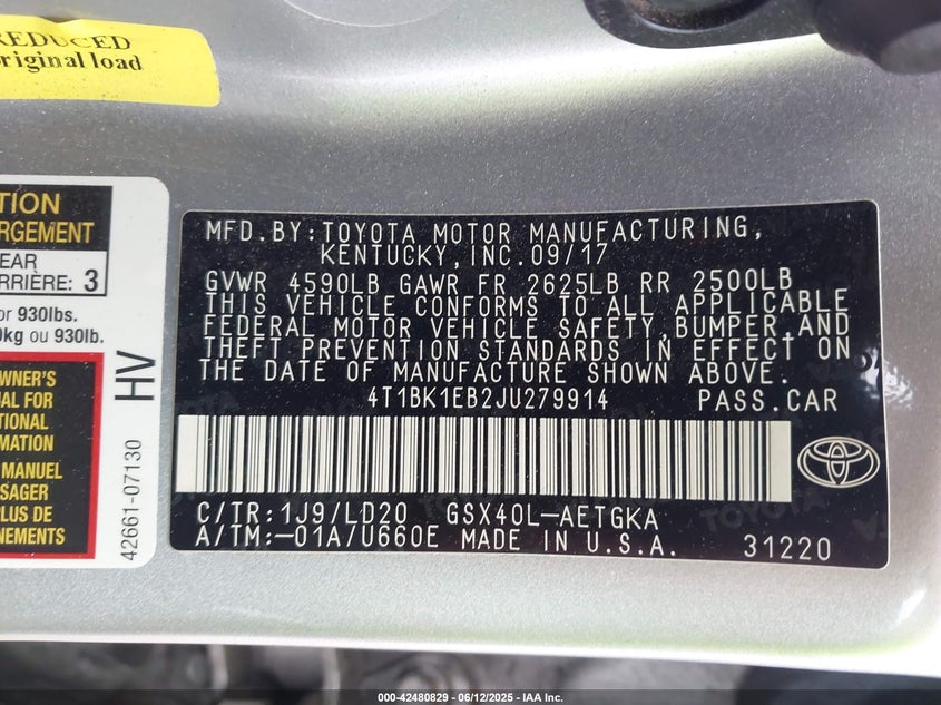VIN 4T1BK1EB2JU279914 2018 TOYOTA AVALON XLE