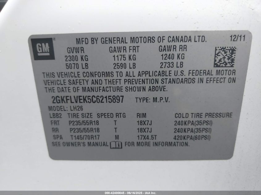 2012 GMC Terrain Slt-1 VIN: 2GKFLVEK5C6215897 Lot: 42480845